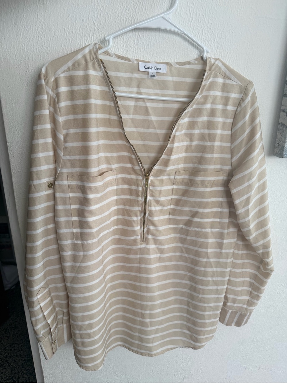 Calvin Klein Beige & White Striped Zip Front Top